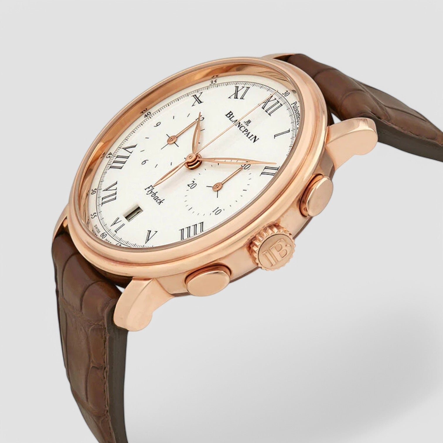 18kt Rose Gold Chronograph Flyback Pulsometre White Dial Brown Leather Men's Watch