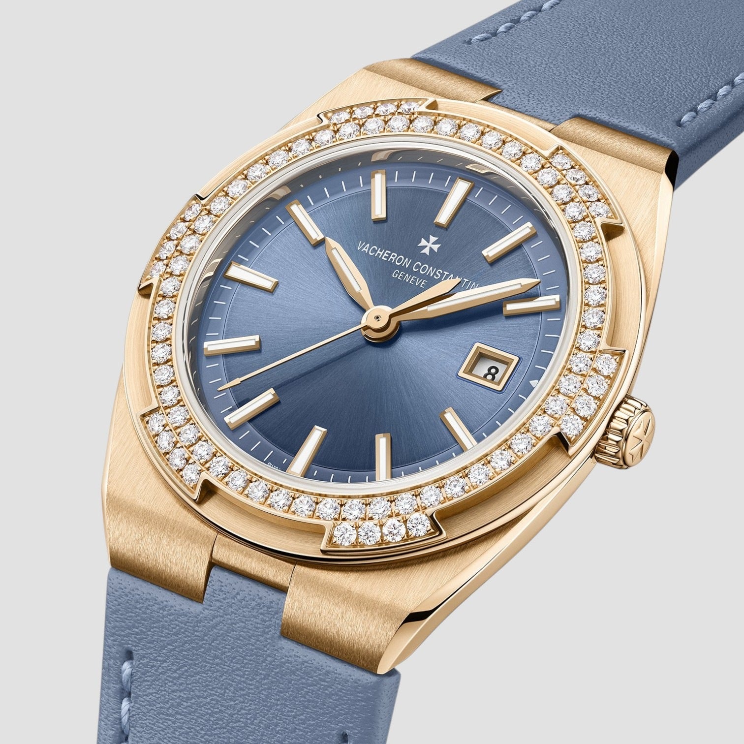 Overseas Quartz Pink Gold Diamond Blue Dial