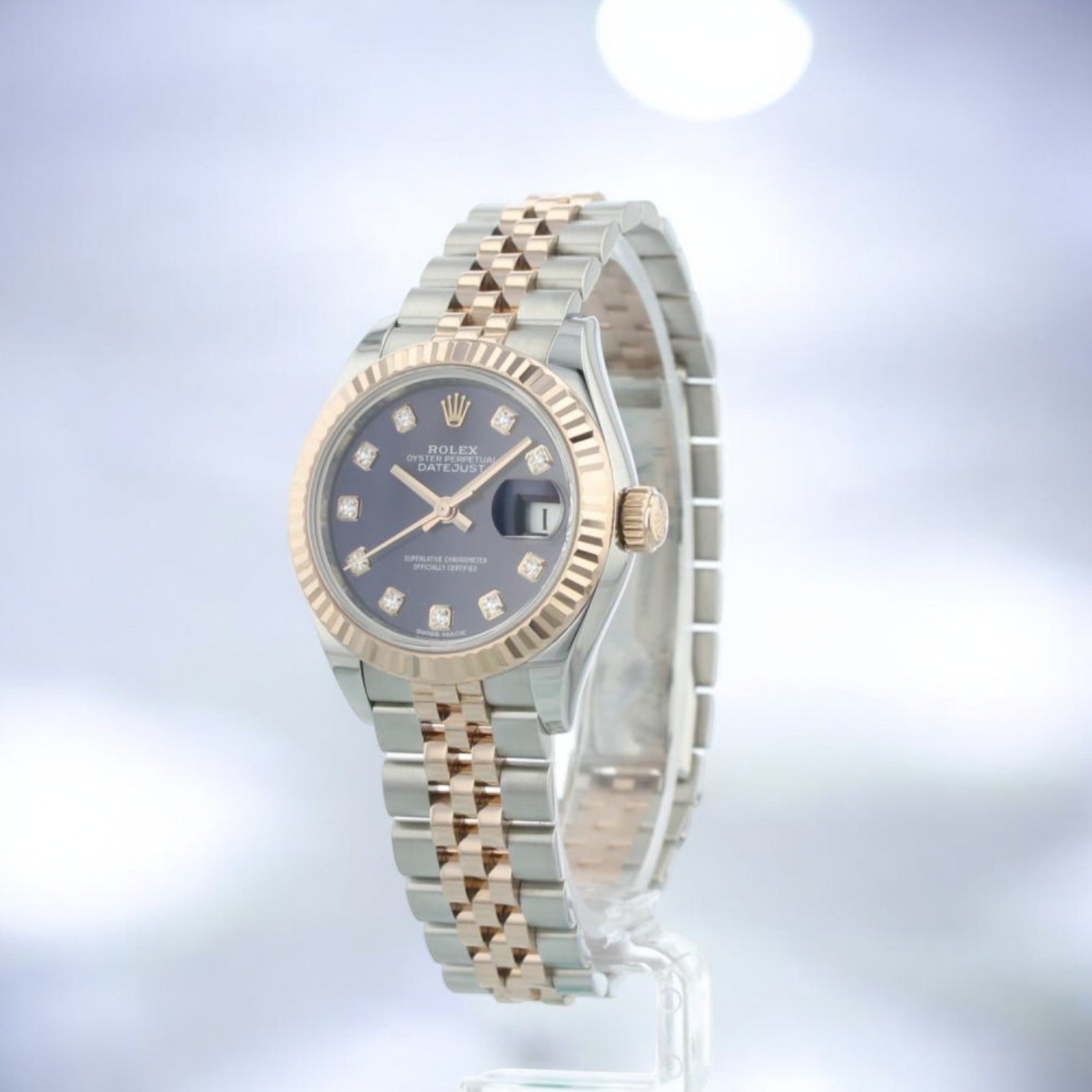 DATEJUST 28mm EVEROSE GOLD / STEEL IN JUBILEE BRACELET AUBERGINE PURPLE DIAMOND DIAL