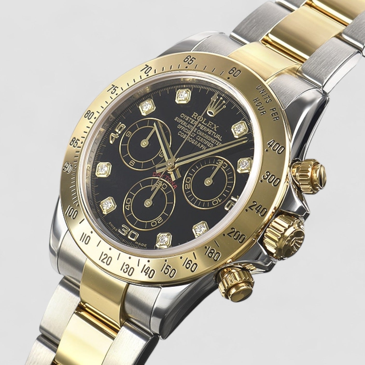 Daytona Steel Yellow Gold Black Diamond Dial Mens Watch