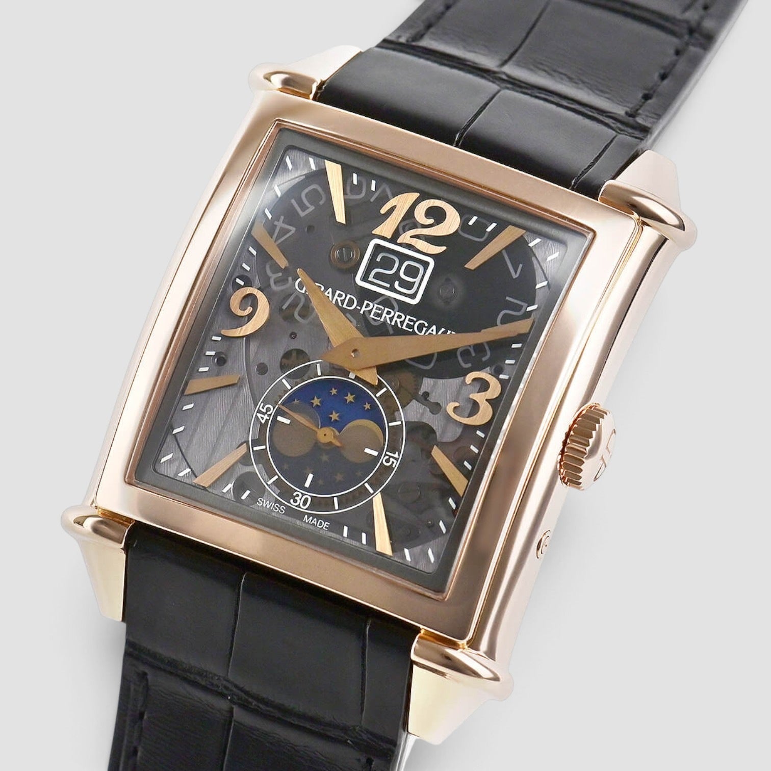 Vintage 1945 XXL 18K Rose Gold Skeleton Dial Moon Phase