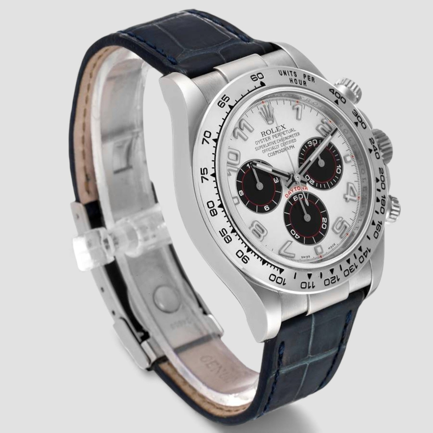 Daytona White Gold Blue Strap Chronograph Mens Watch
