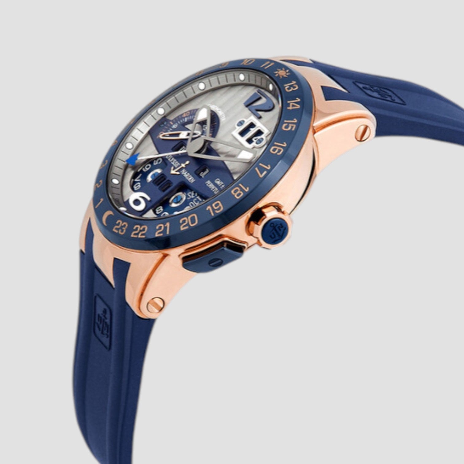 El Toro GMT Silver Dial 18kt Rose Gold Blue Rubber Men's Watch