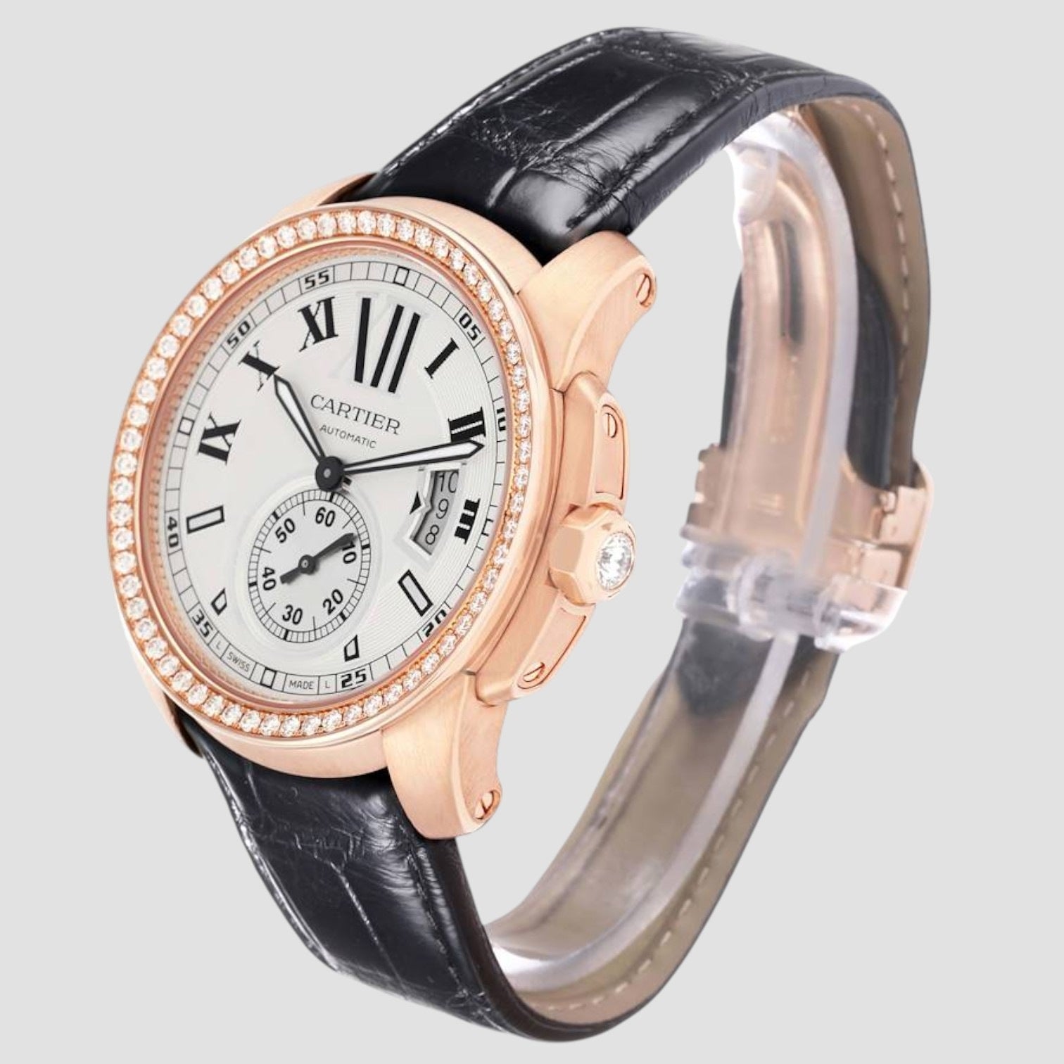 Calibre 42 Silver Dial Rose Gold Diamond Mens Watch