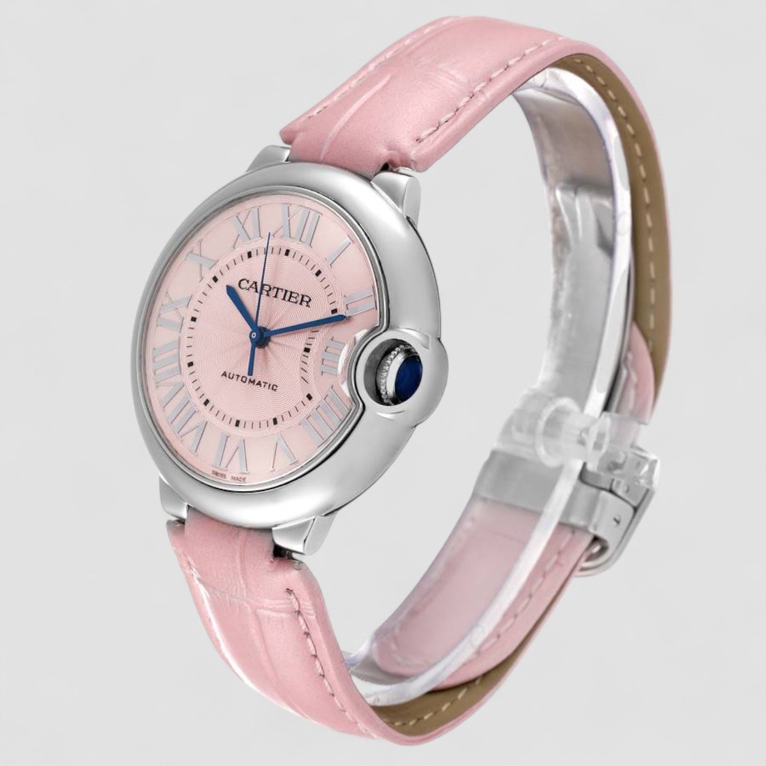 Ballon Bleu Pink Dial Leather Strap Steel Ladies Watch