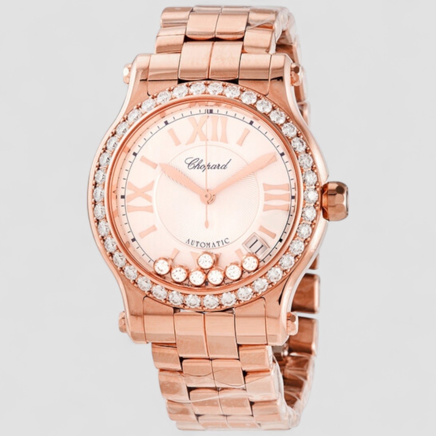 Happy Sport Silver Guilloche Dial 18 Carat Rose Gold Ladies Watch