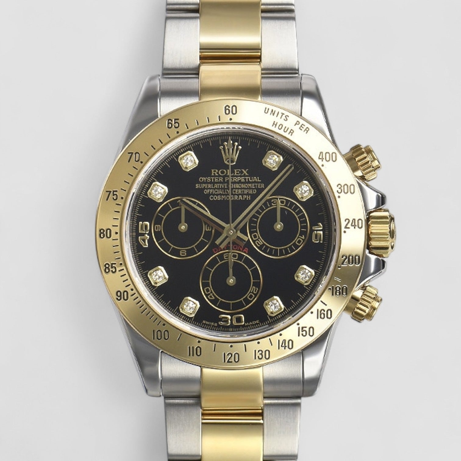 Daytona Steel Yellow Gold Black Diamond Dial Mens Watch