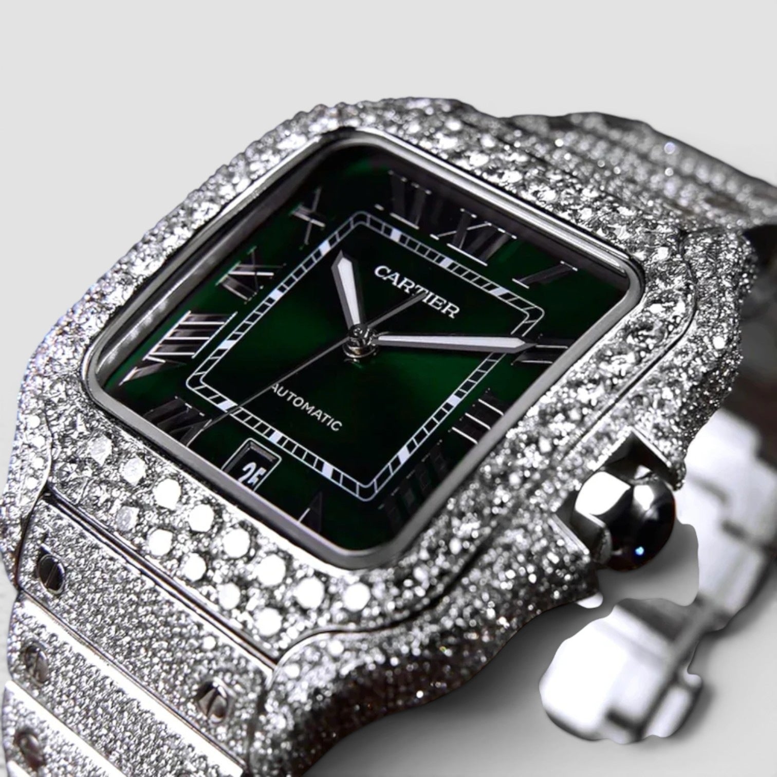 Santos Large – Steel – Custom Diamond-Set with Green Dial Iced Out