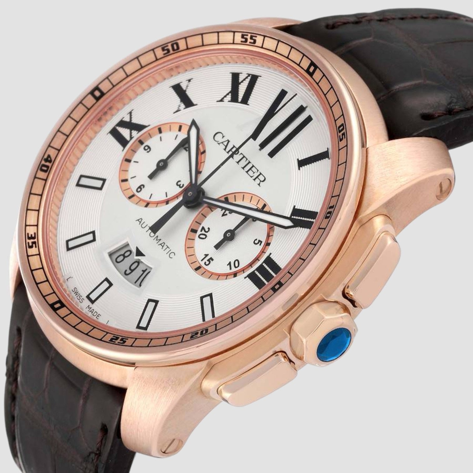 Calibre Silver Dial Rose Gold Chronograph Mens Watch