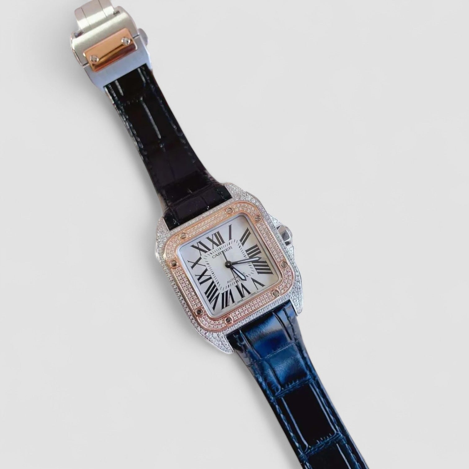 Santos 100 18kt Rose Gold and Steel Midsize Iced Out Custom Diamonds