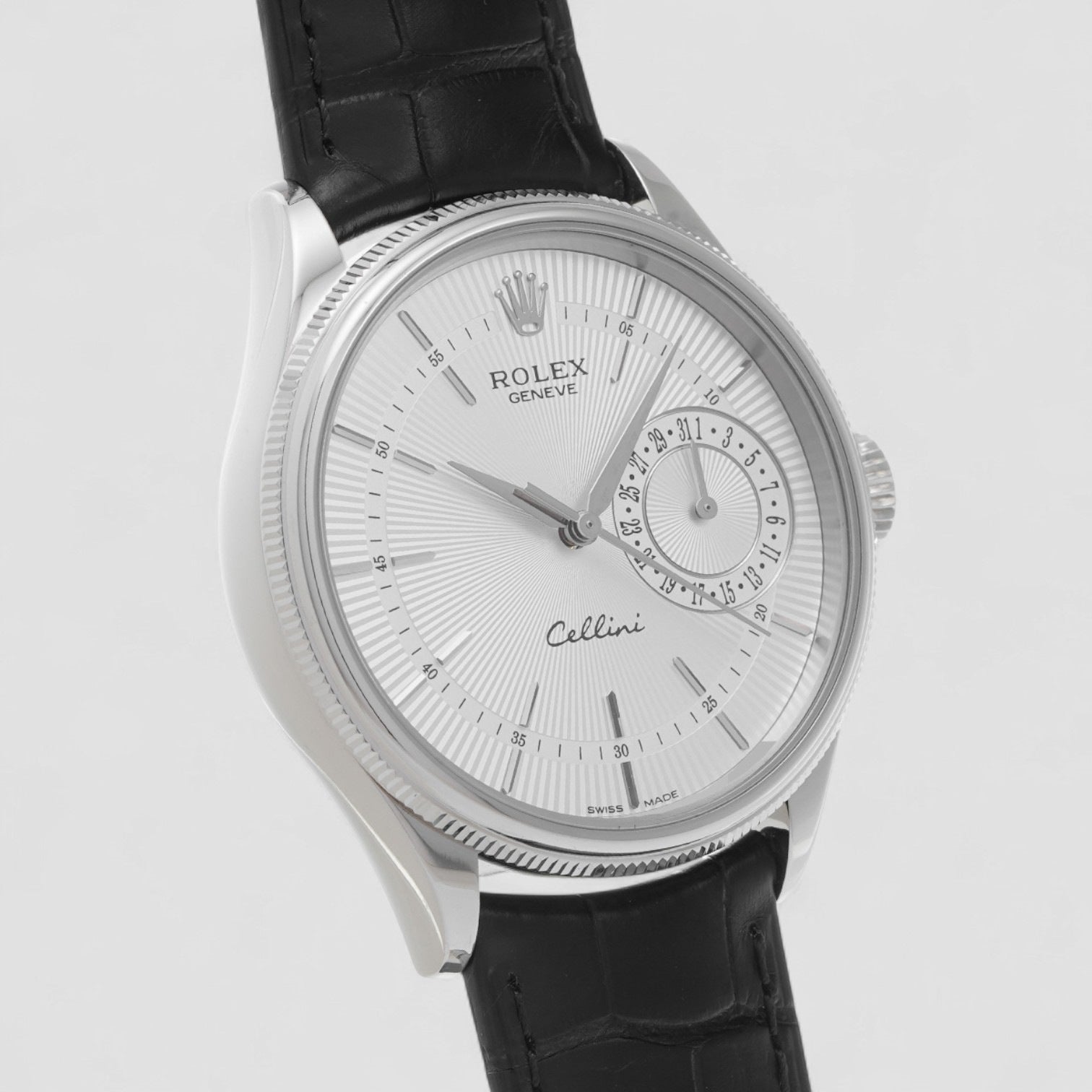 Cellini Date White Gold Silver Guilloche Index Dial