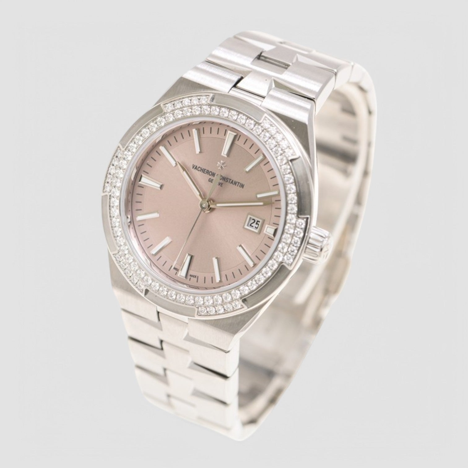Overseas Self-Winding Steel Pink Dial Diamond Bezel