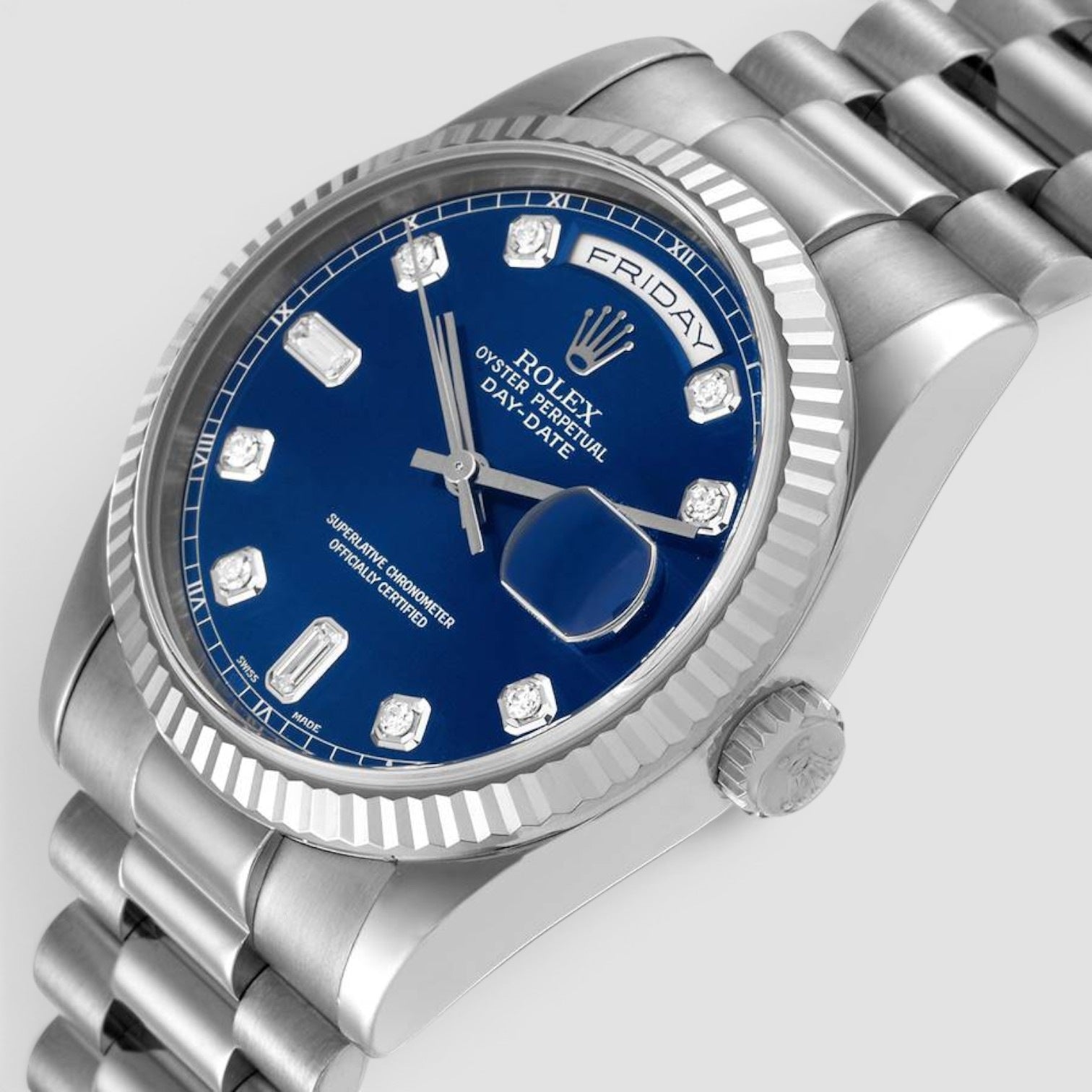 President Day-Date White Gold Blue Diamond Dial Mens Watch