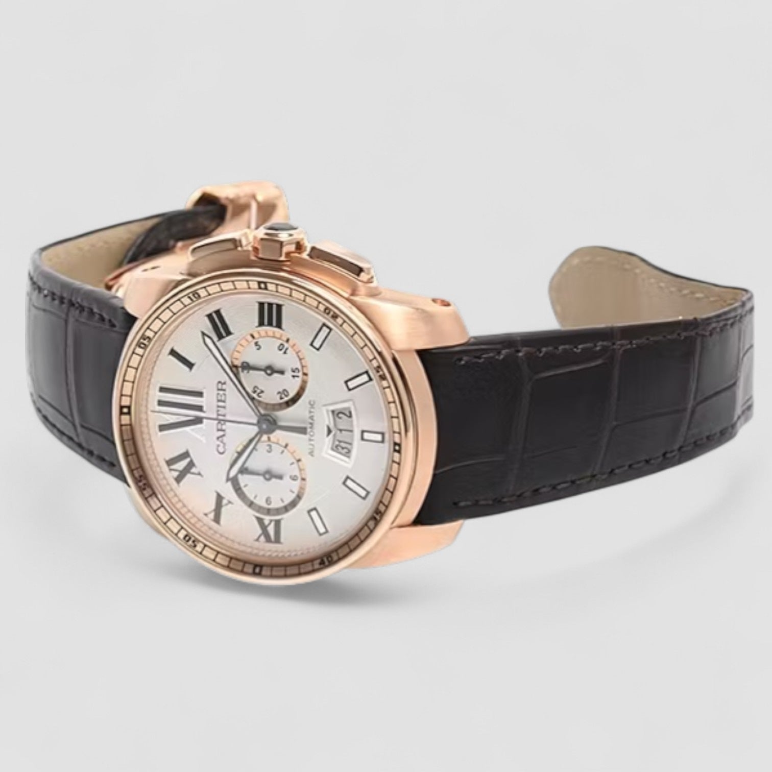 Calibre Silver Dial Rose Gold Chronograph Mens Watch