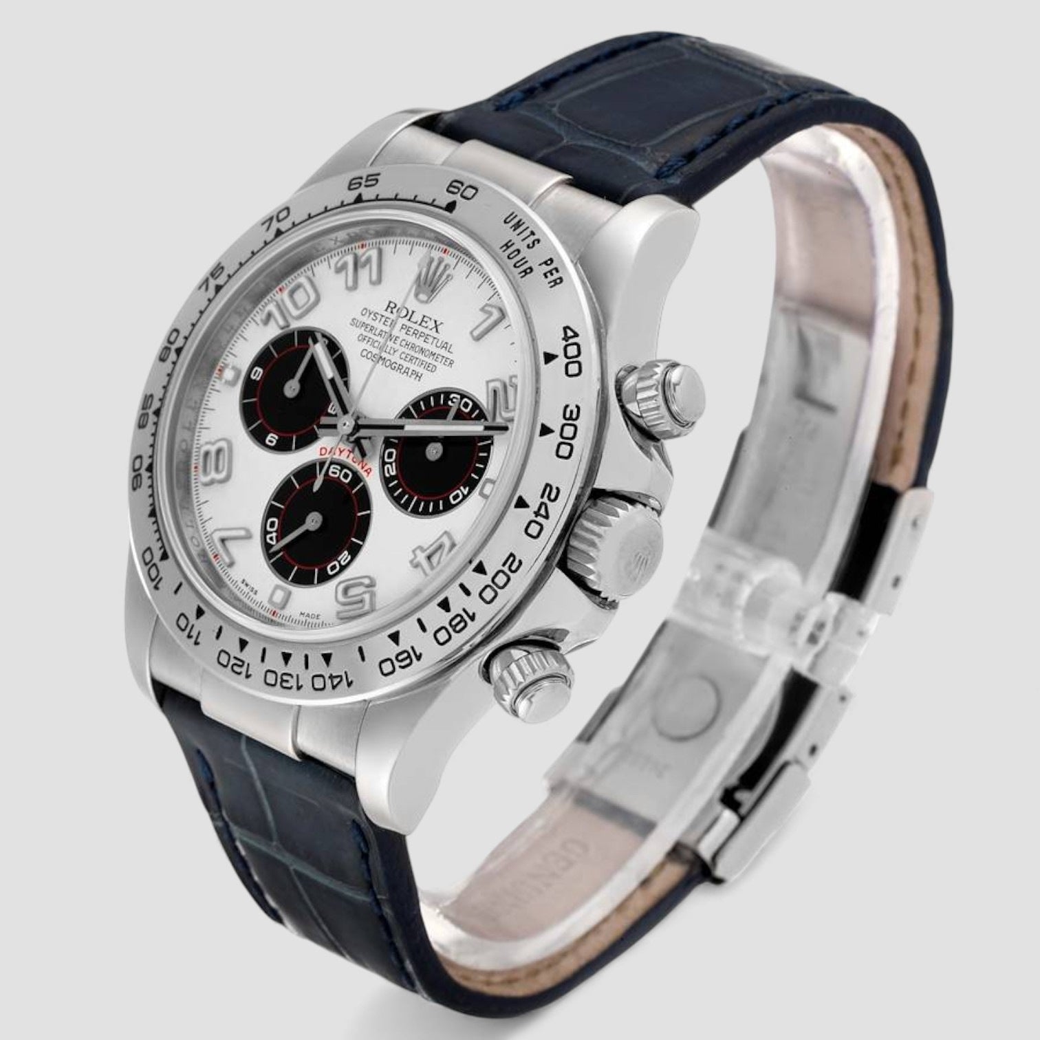Daytona White Gold Blue Strap Chronograph Mens Watch