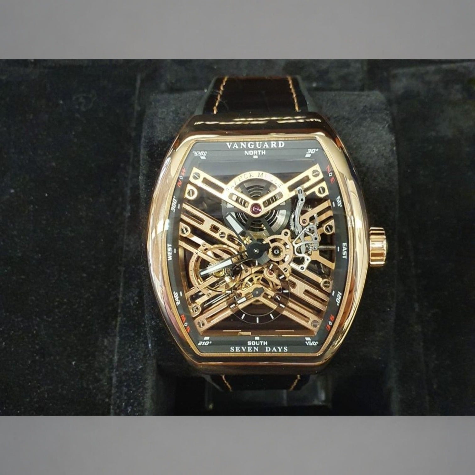 Vanguard 18kt Rose Gold Skeleton Dial Leather Strap Men's Watch