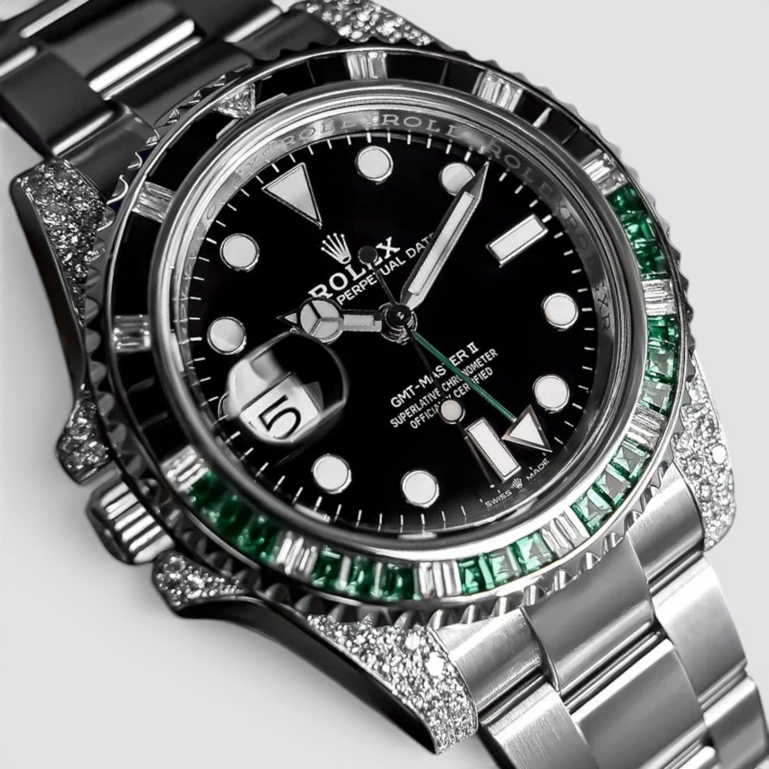 GMT-Master II Custom Diamond-Set with Green/Black Gemstone Iced Out