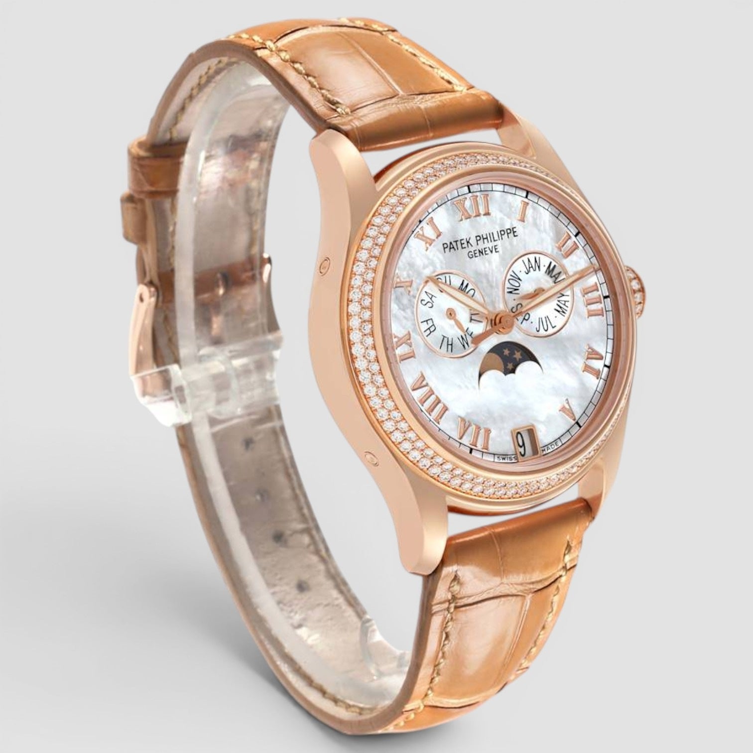 Annual Calendar Complications 37mm Rose Gold Diamond Mother of Pearl Dial