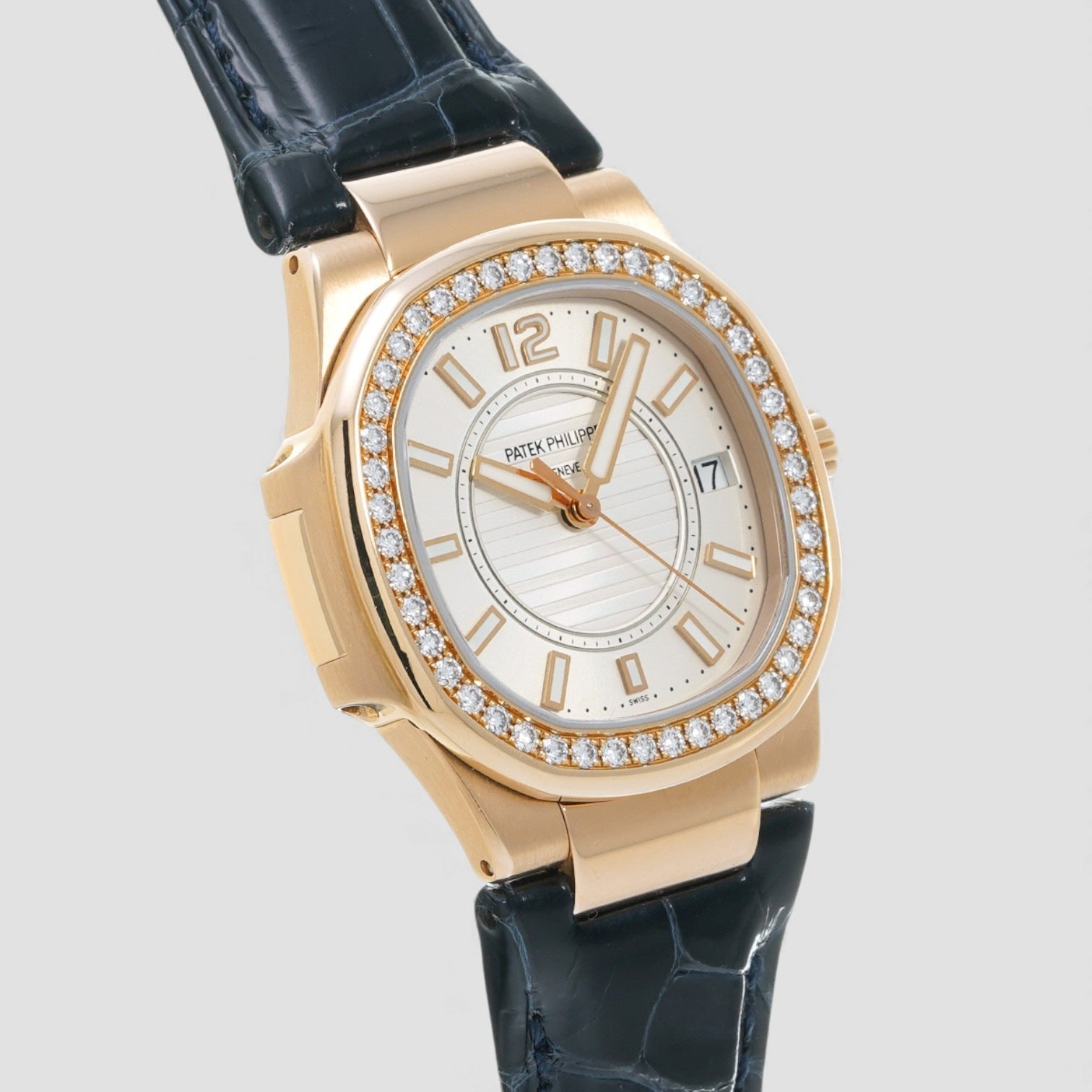 Nautilus White Dial Black Leather Strap Ladies Watch