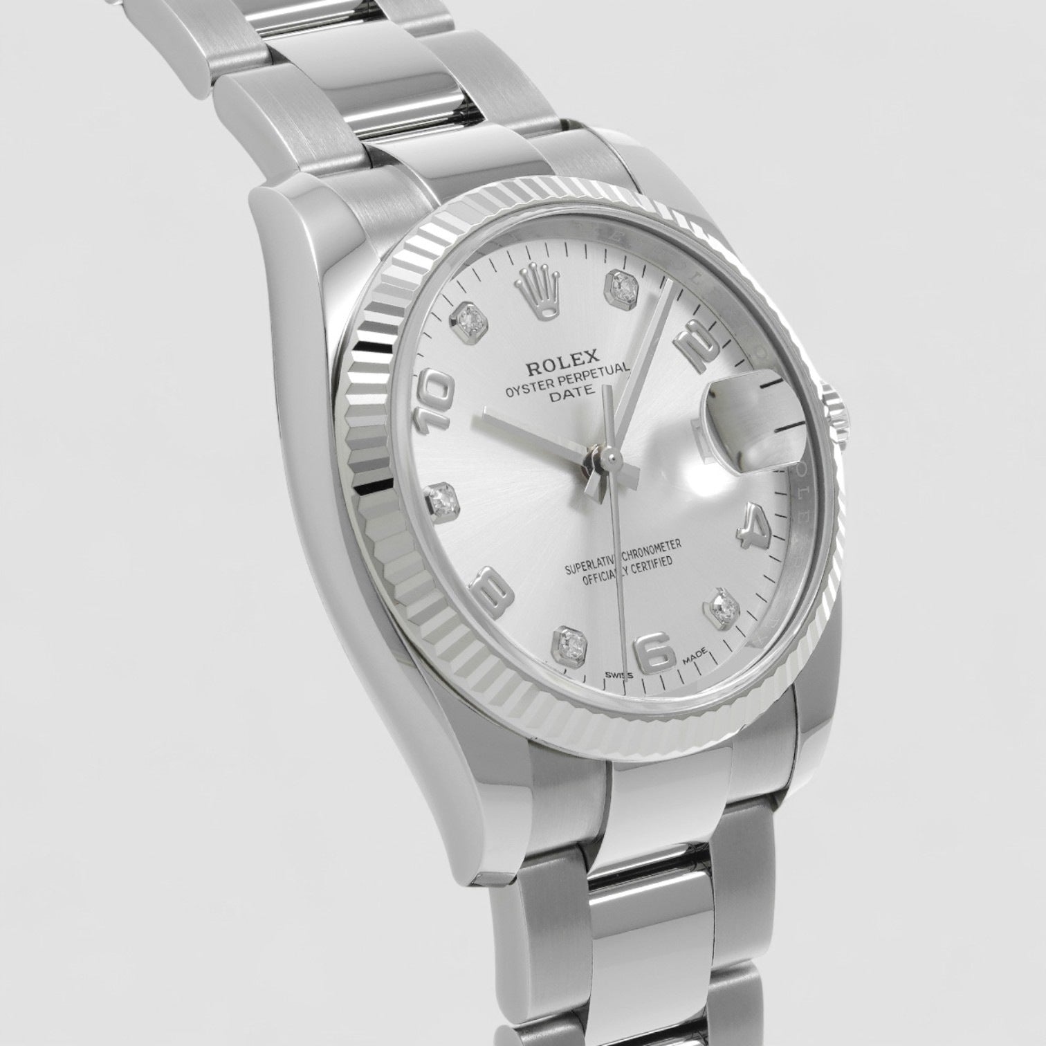 Oyster Perpetual Date 34mm Silver Diamond Dial Oyster Bracelet