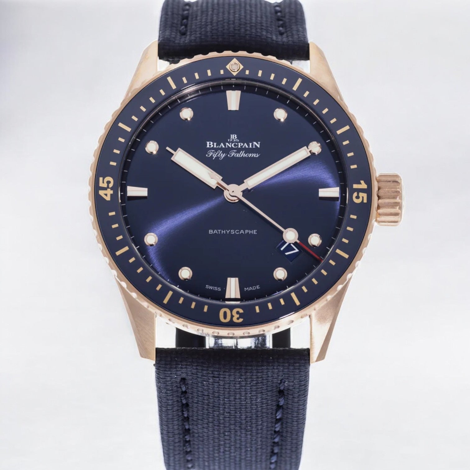 Fifty Fathoms Bathyscaphe 18k Rose Gold Blue Dial