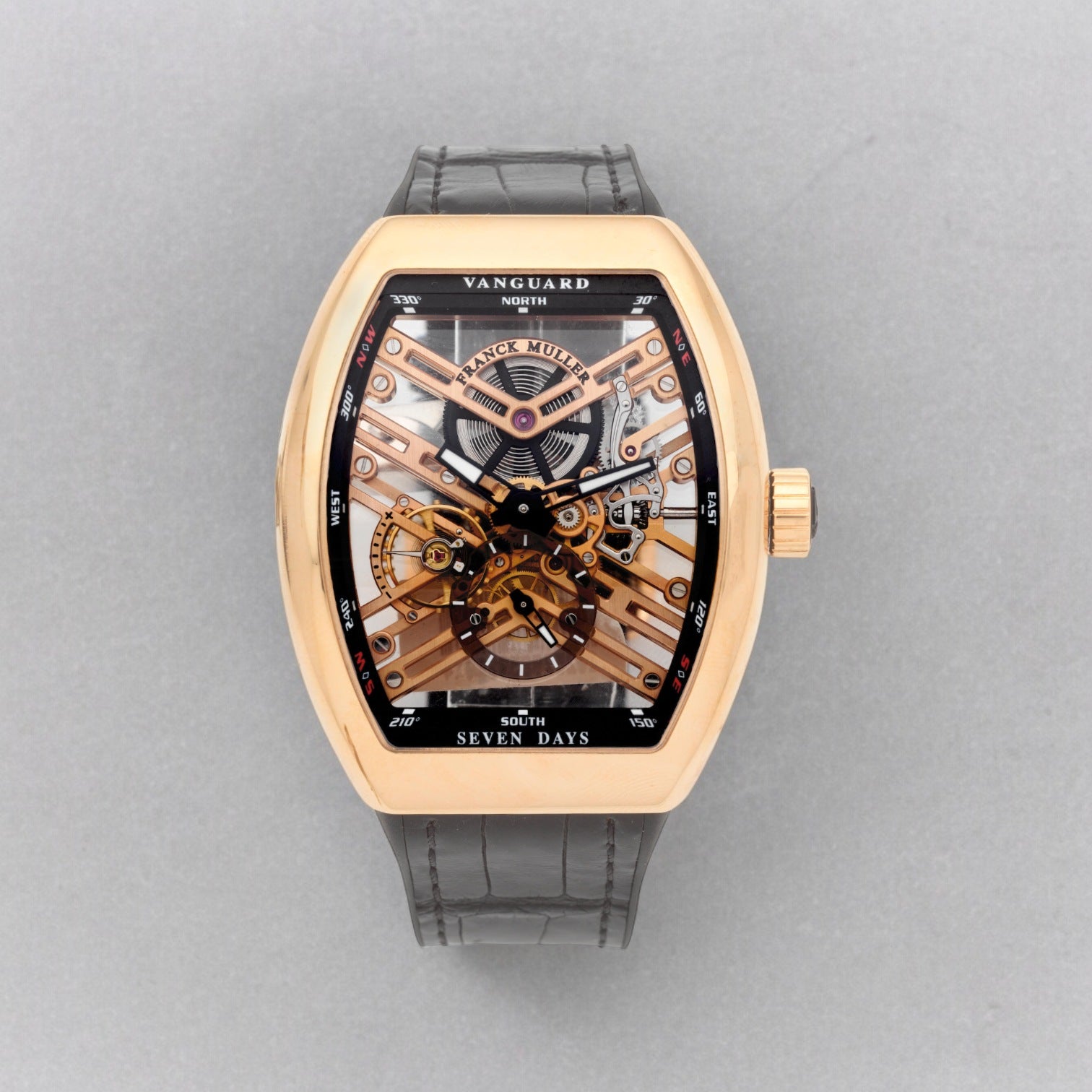 Vanguard 18kt Rose Gold Skeleton Dial Leather Strap Men's Watch