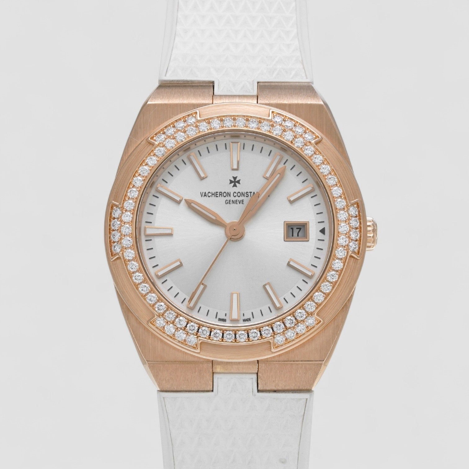 Overseas Quartz Pink Rose Gold Silver Dial Diamond Bezel 33mm