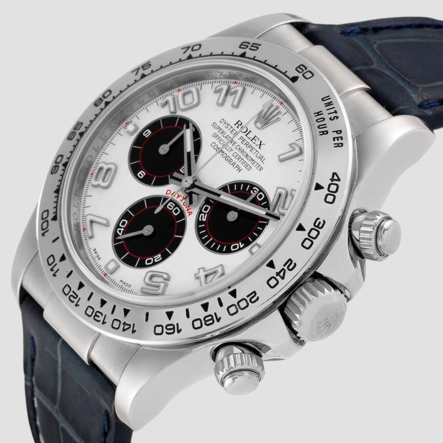 Daytona White Gold Blue Strap Chronograph Mens Watch