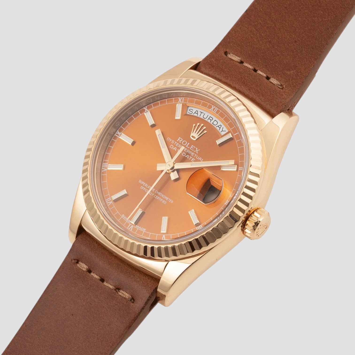 Day Date Cognac Dial 18K Yellow Gold Leather Men's Watch