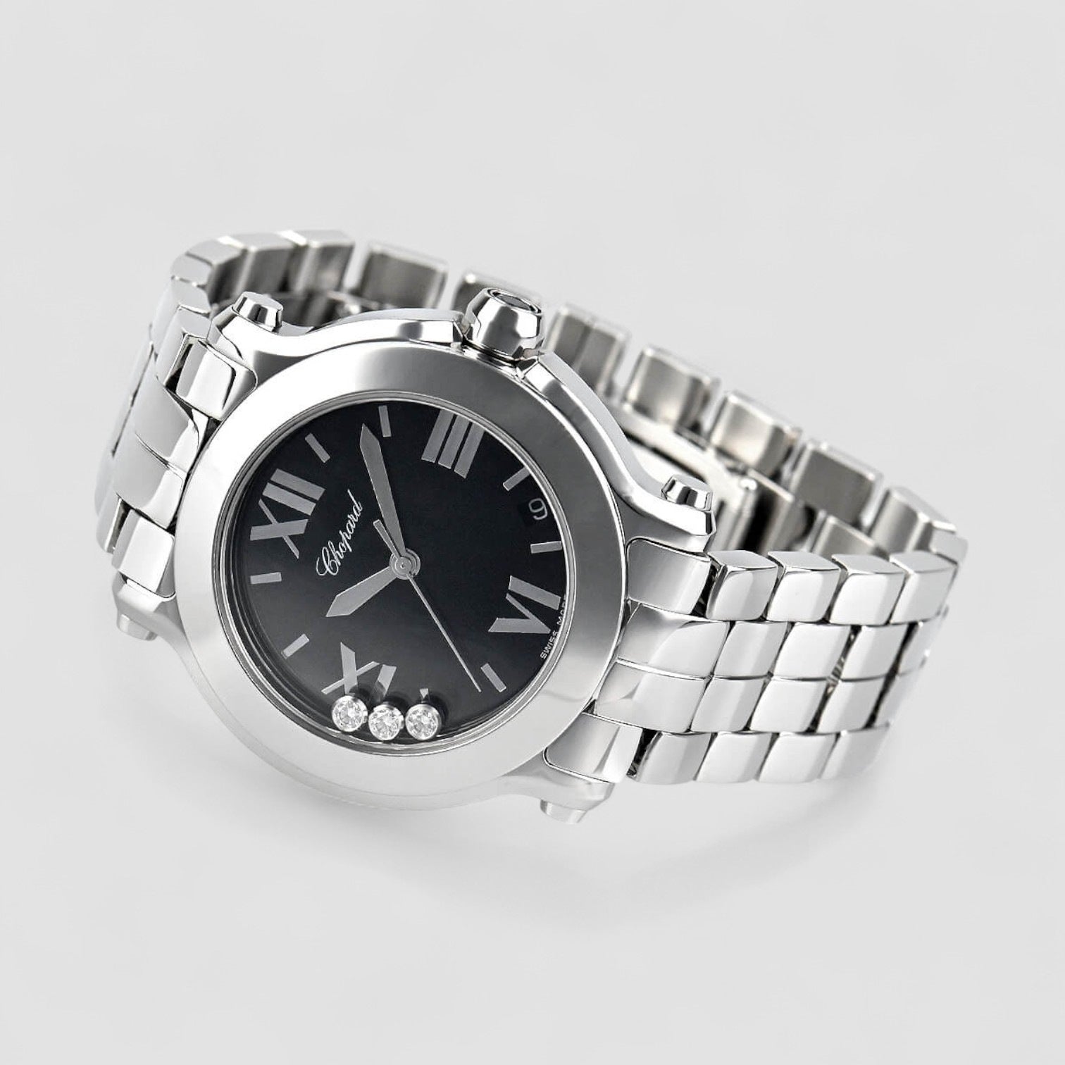 Happy Sport Black Dial with Three Floating Diamonds Ladies Watch