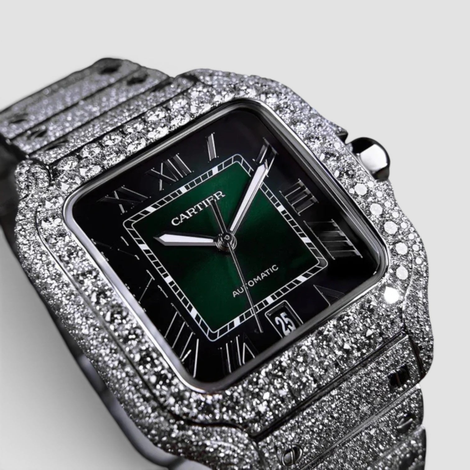 Santos Large – Steel – Custom Diamond-Set with Green Dial Iced Out