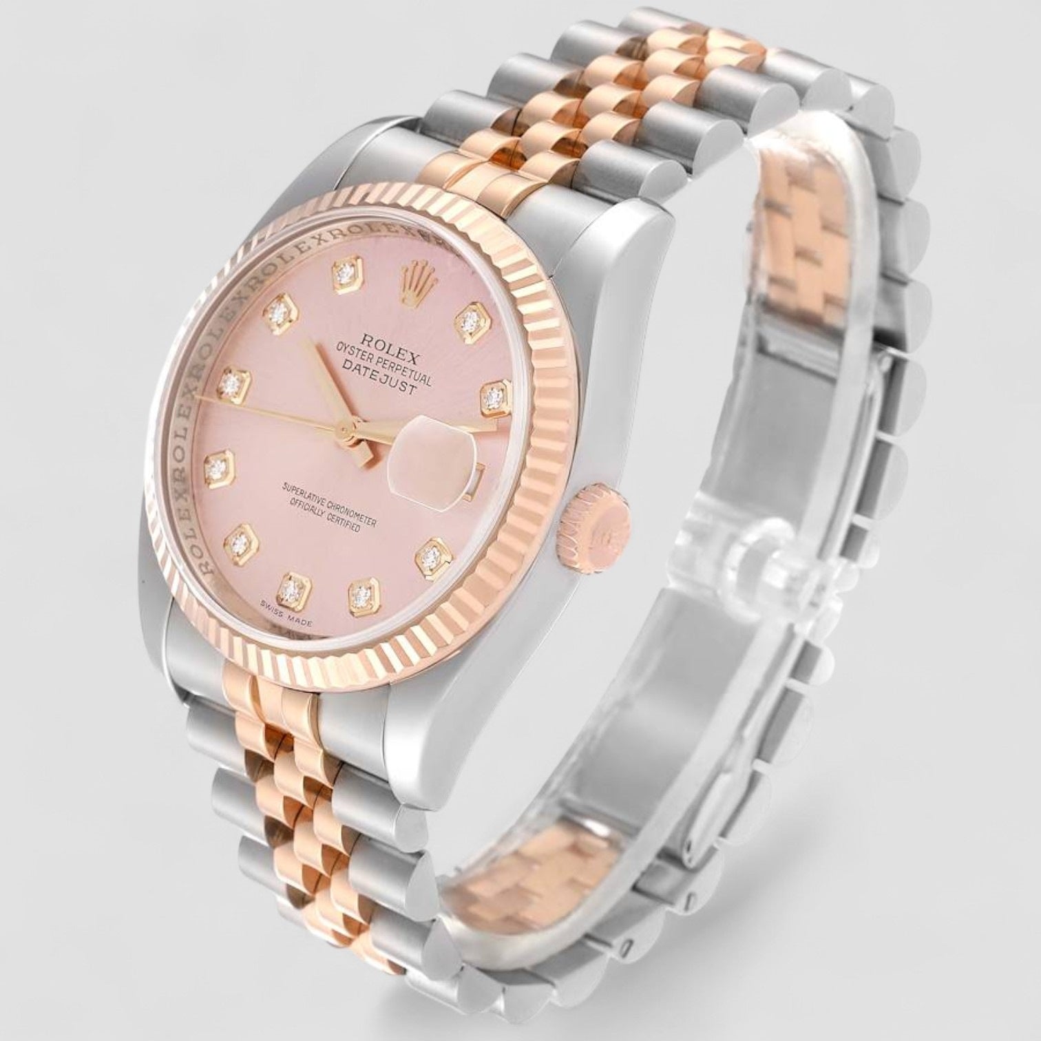 Datejust Steel Rose Gold Pink Diamond Dial Mens Watch