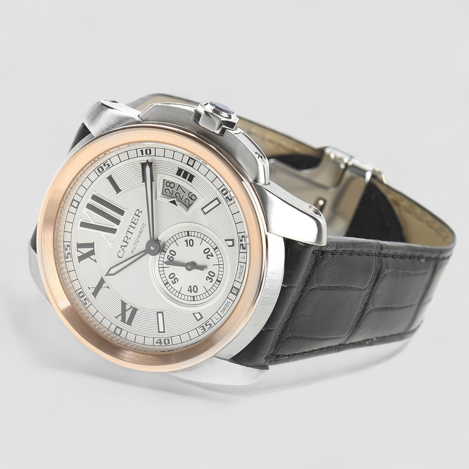 Calibre Steel Rose Gold Silver Dial Mens Watch