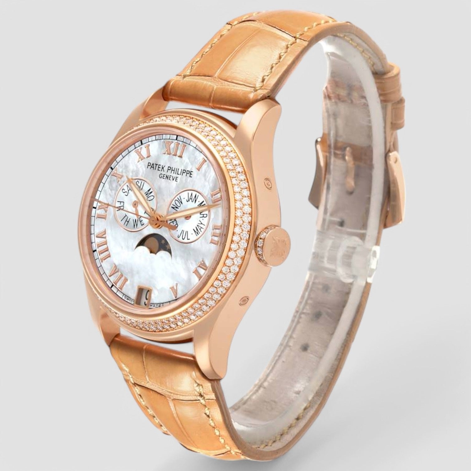 Annual Calendar Rose Gold Mother of Pearl Diamond Mens Watch