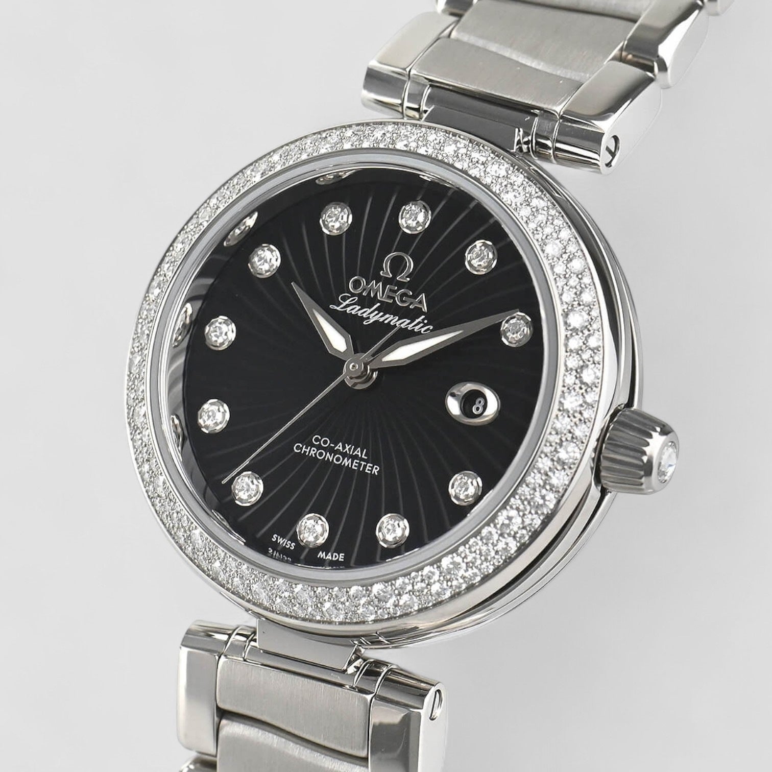 Deville Black Wave-patterned Diamond Dial Automatic Ladies Watch