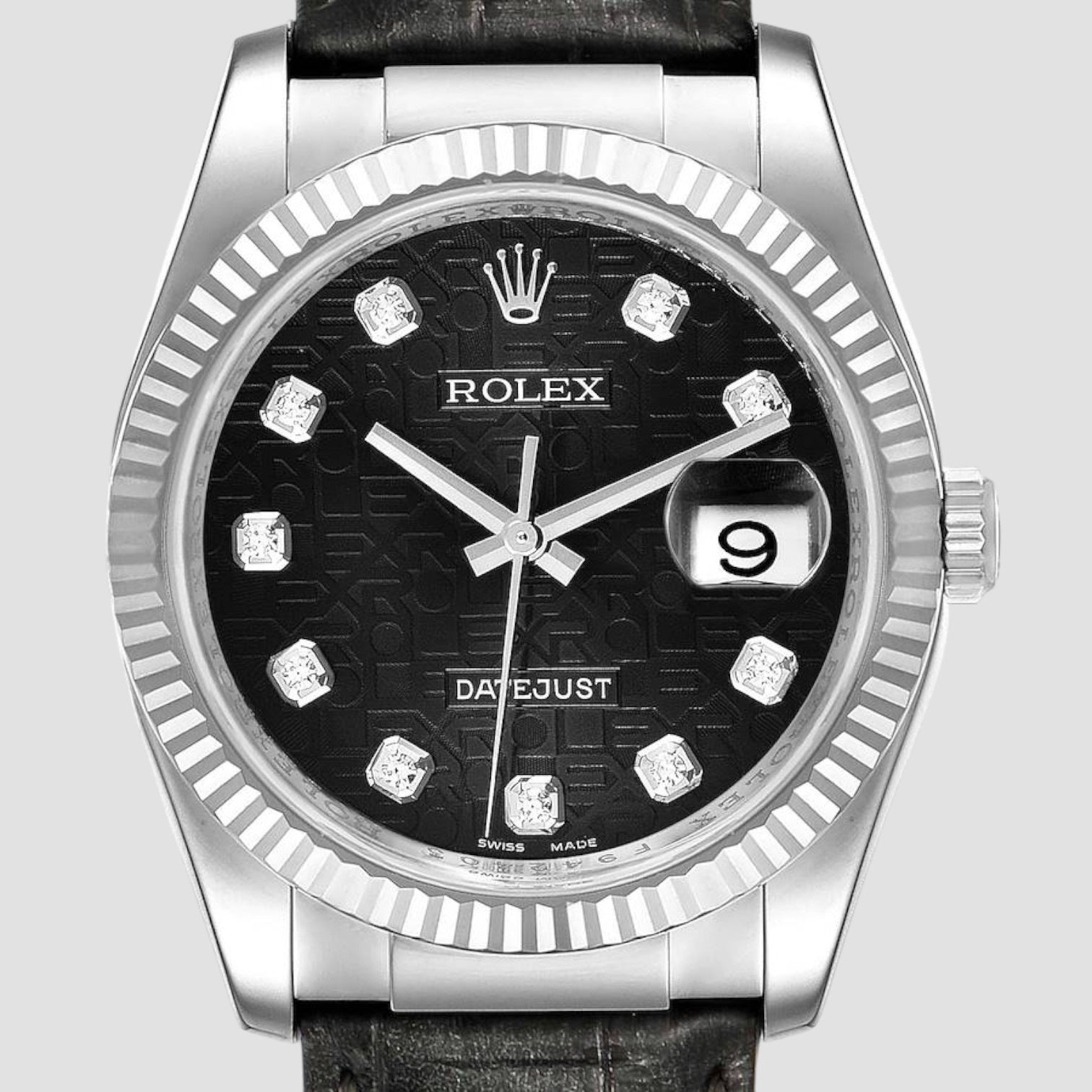 Datejust 36 White Gold Diamond Dial Black Strap Mens Watch