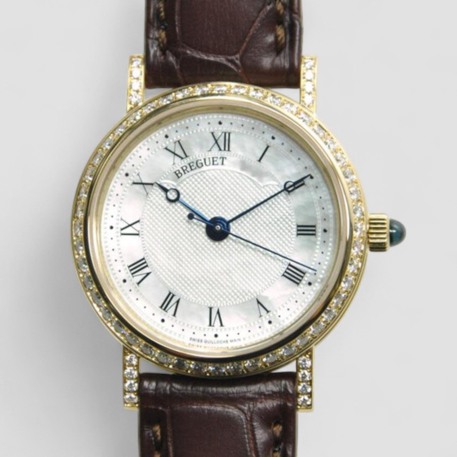 Classique Mother of Pearl Dial 18kt Yellow Gold Diamond Black Leather Ladies Watch