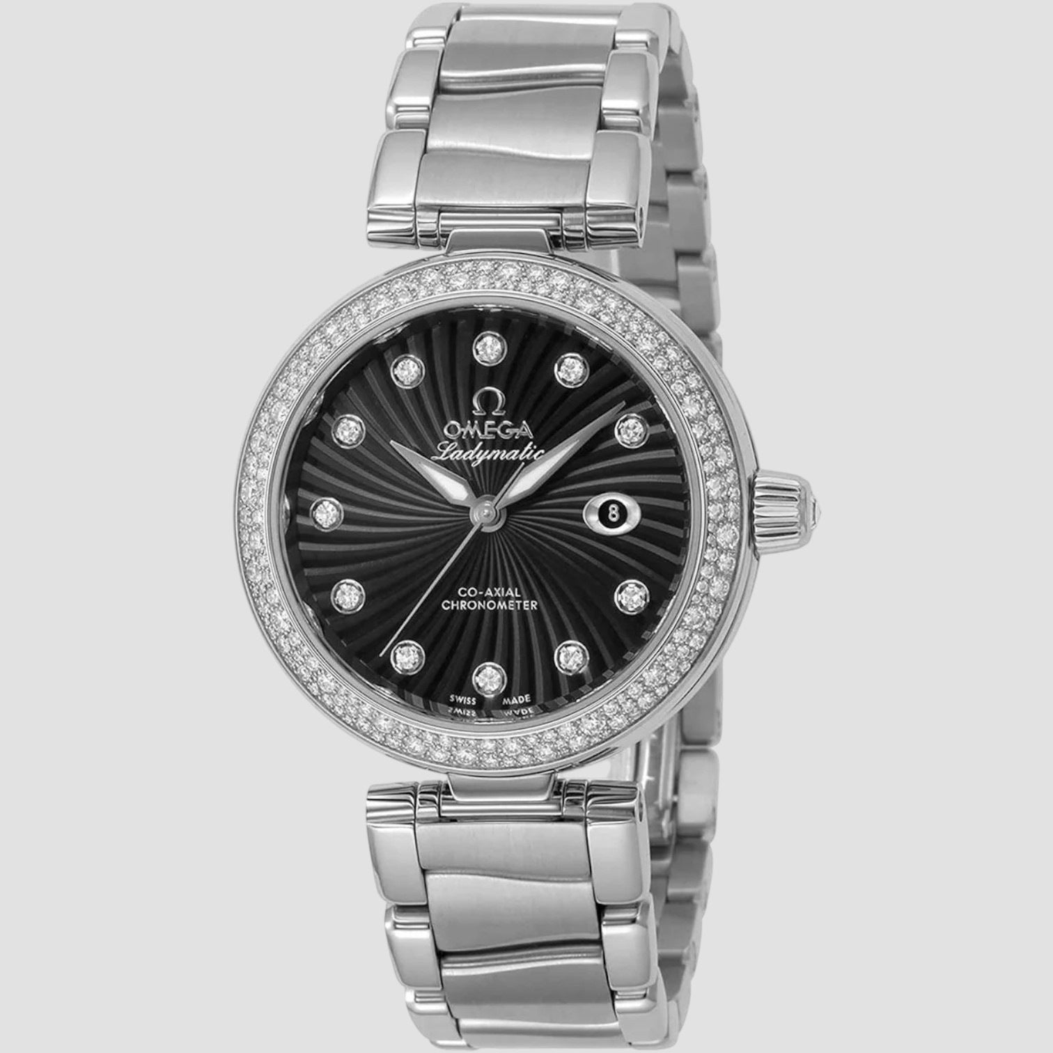Deville Black Wave-patterned Diamond Dial Automatic Ladies Watch