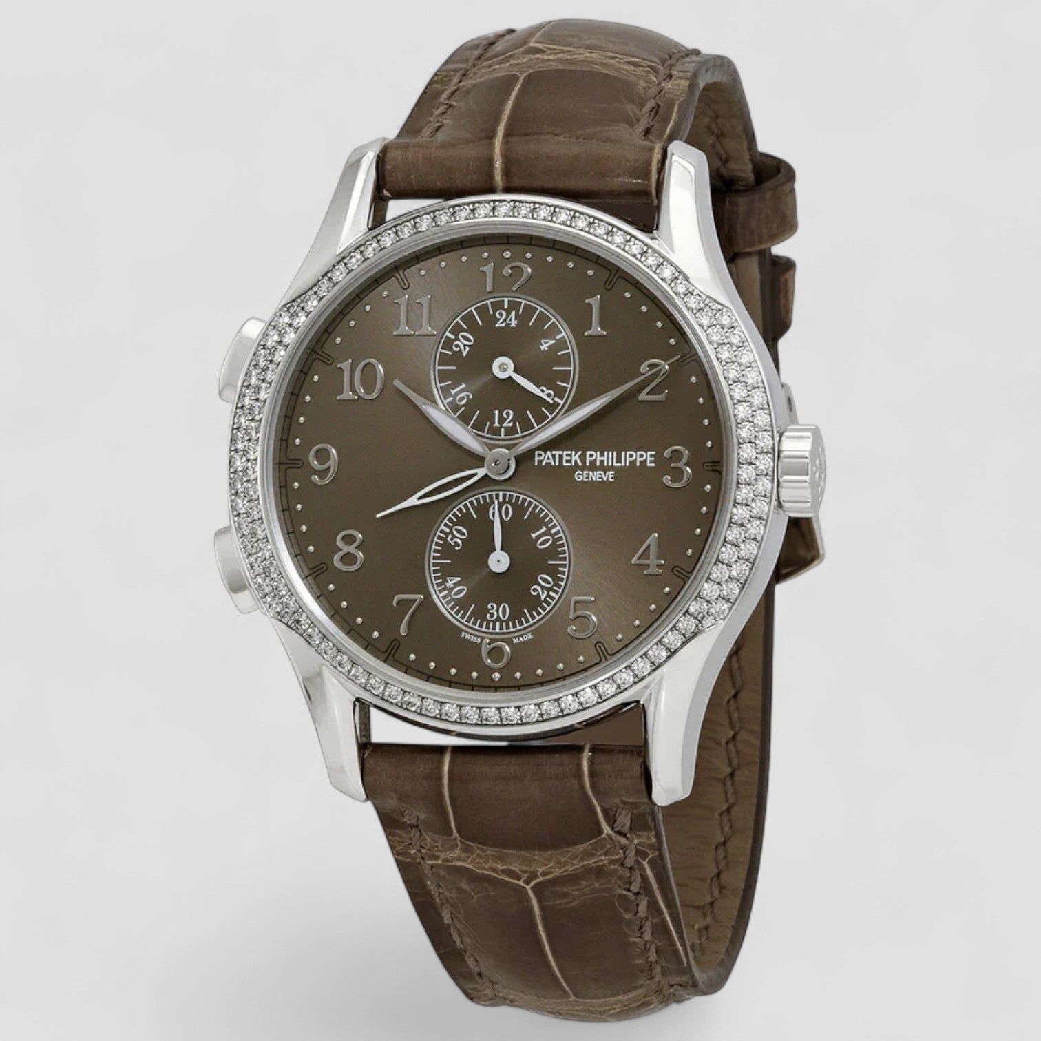 Calatrava Travel Time 18k White Gold Diamond Bezel