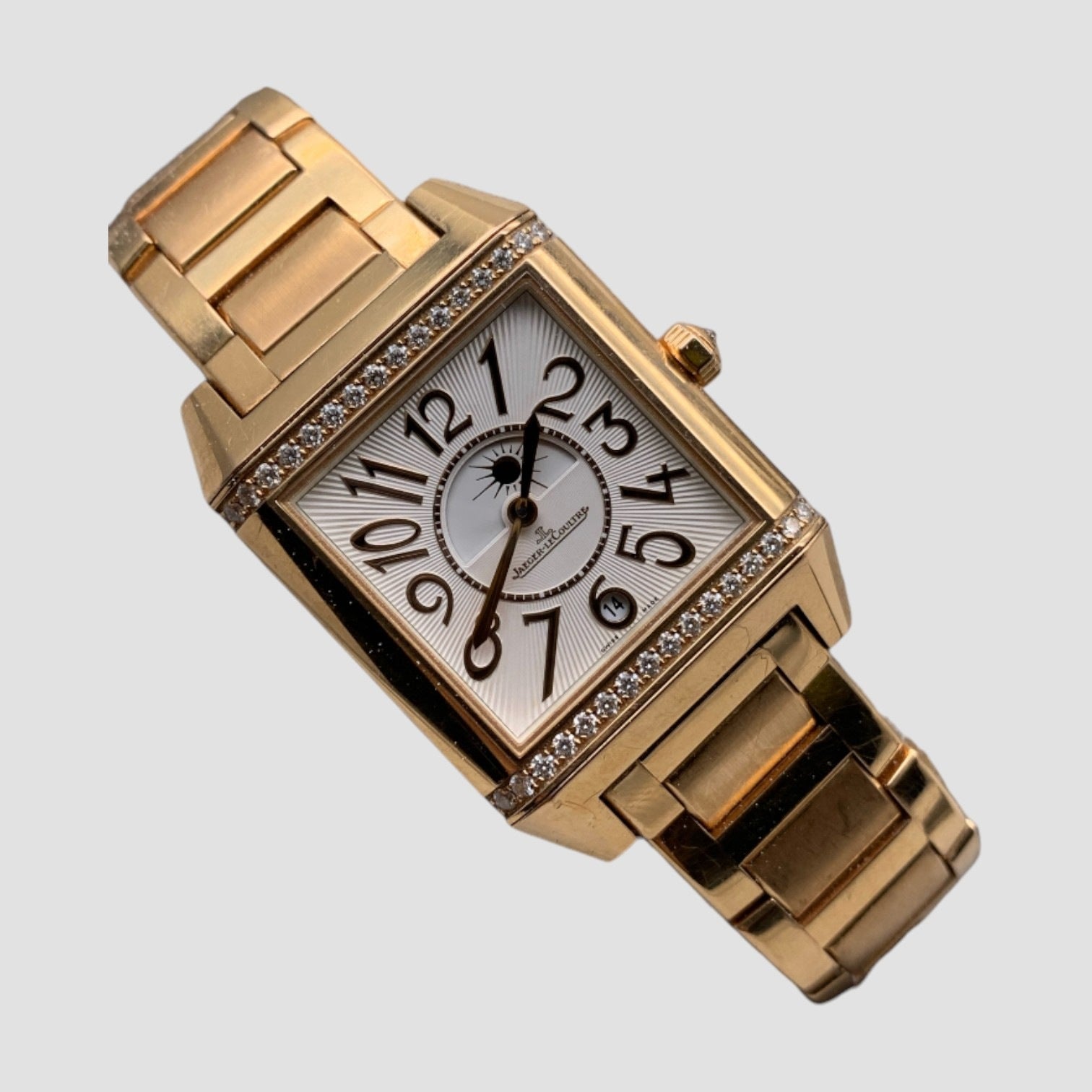 Reverso Squadra Duetto Silver Dial 18kt Yellow Gold Diamond Automatic Ladies Watch