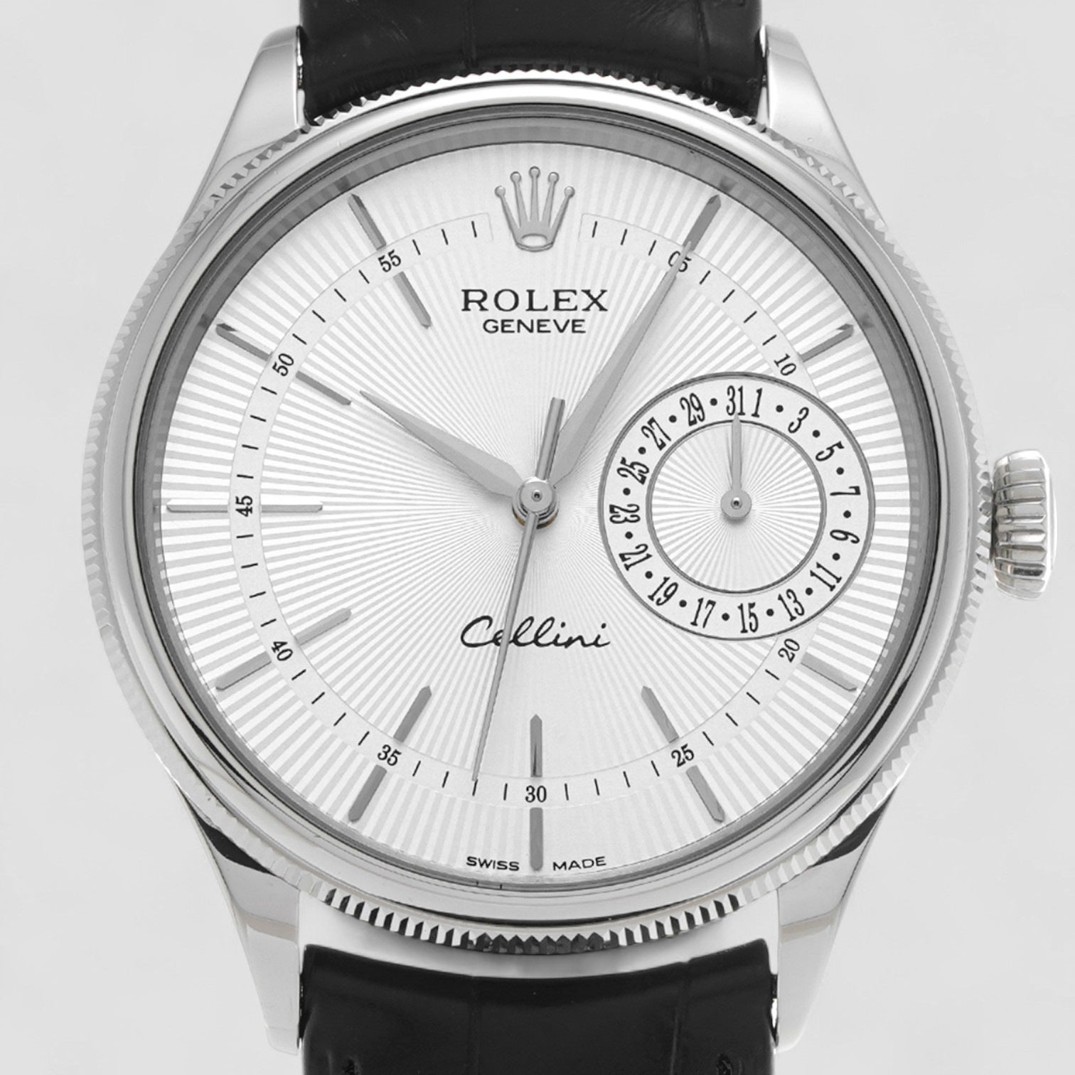 Cellini Date White Gold Silver Guilloche Index Dial