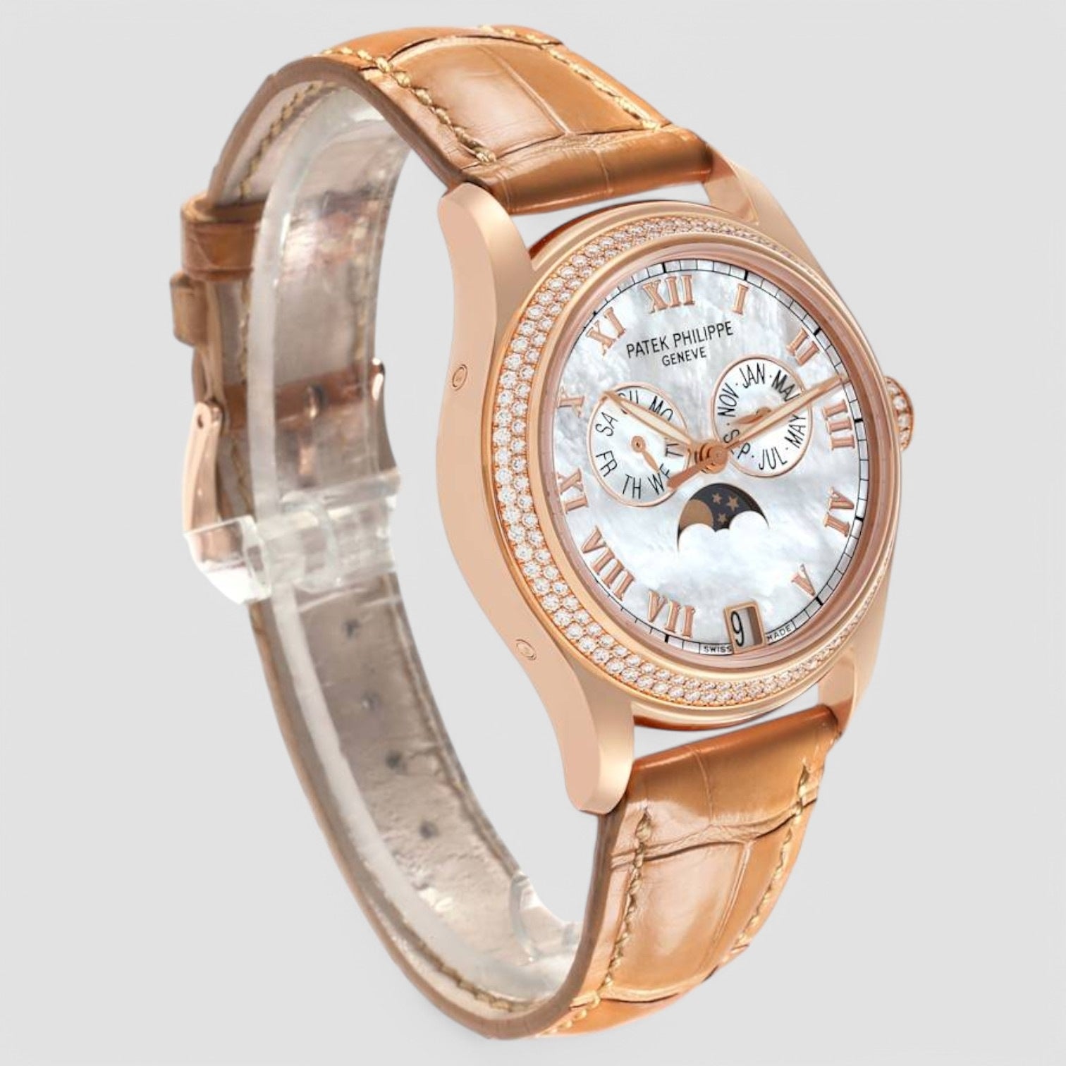 Annual Calendar Rose Gold Mother of Pearl Diamond Mens Watch