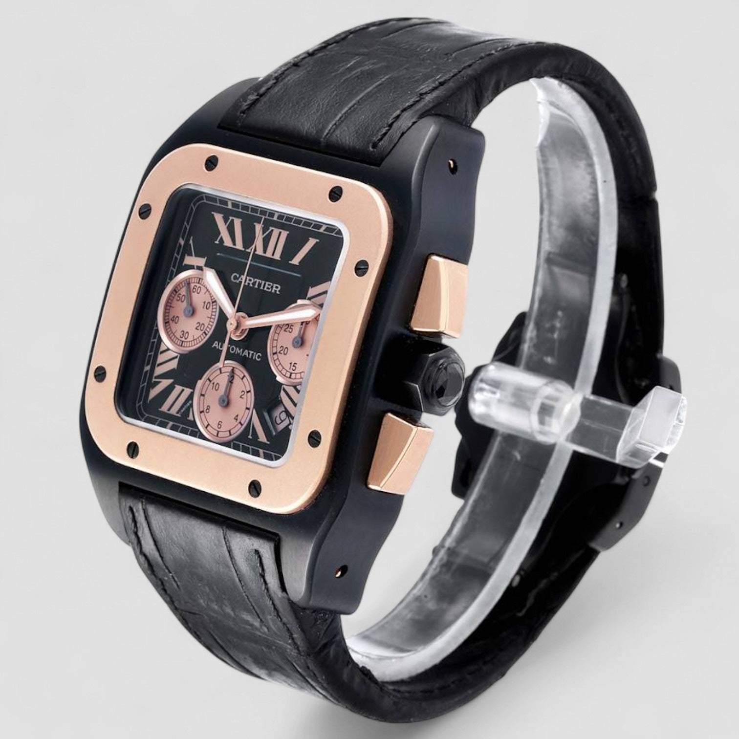Santos 100 XL Carbon Rose Gold Chronograph Mens Watch