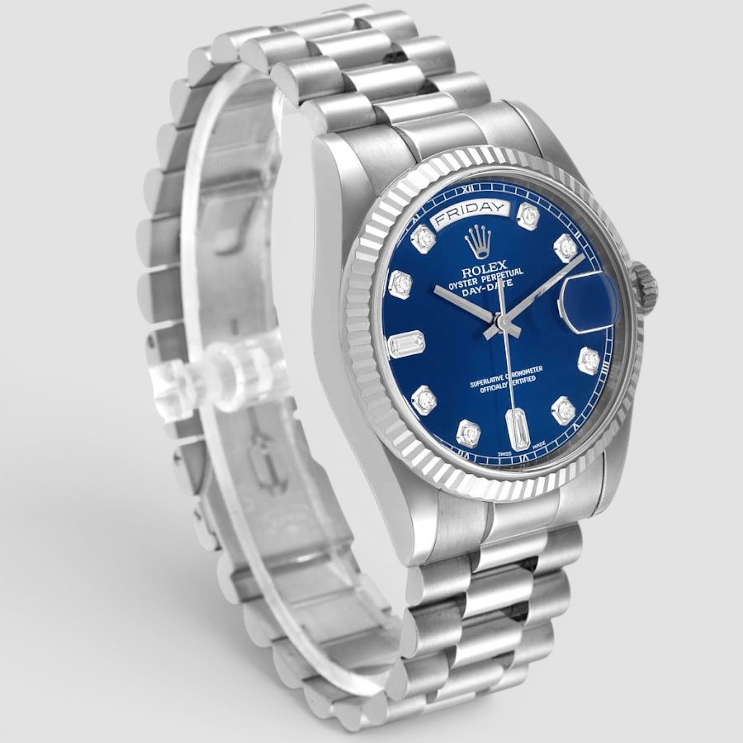 President Day-Date White Gold Blue Diamond Dial Mens Watch