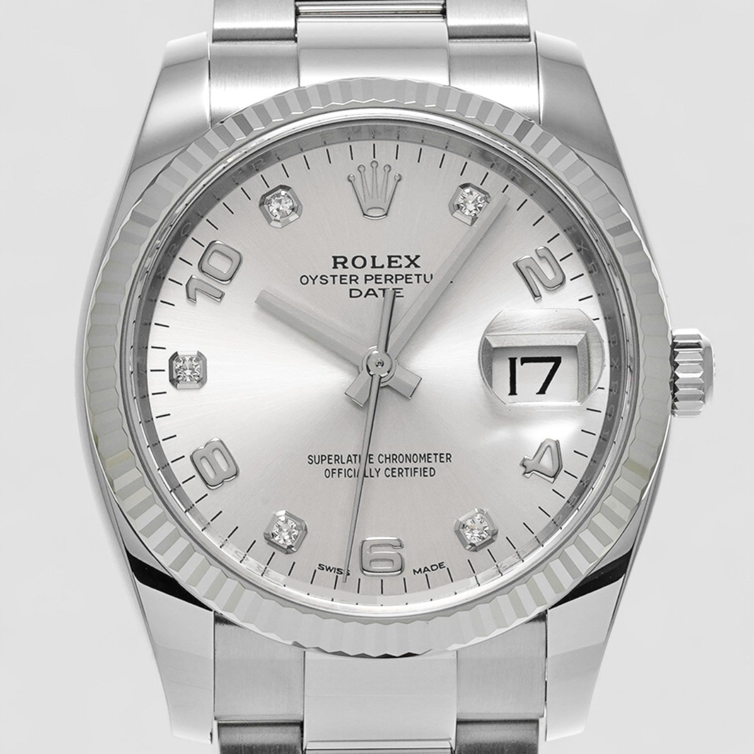 Oyster Perpetual Date 34mm Silver Diamond Dial Oyster Bracelet