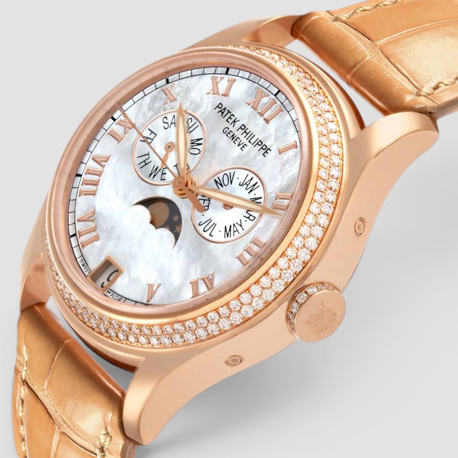 Annual Calendar Complications 37mm Rose Gold Diamond Mother of Pearl Dial