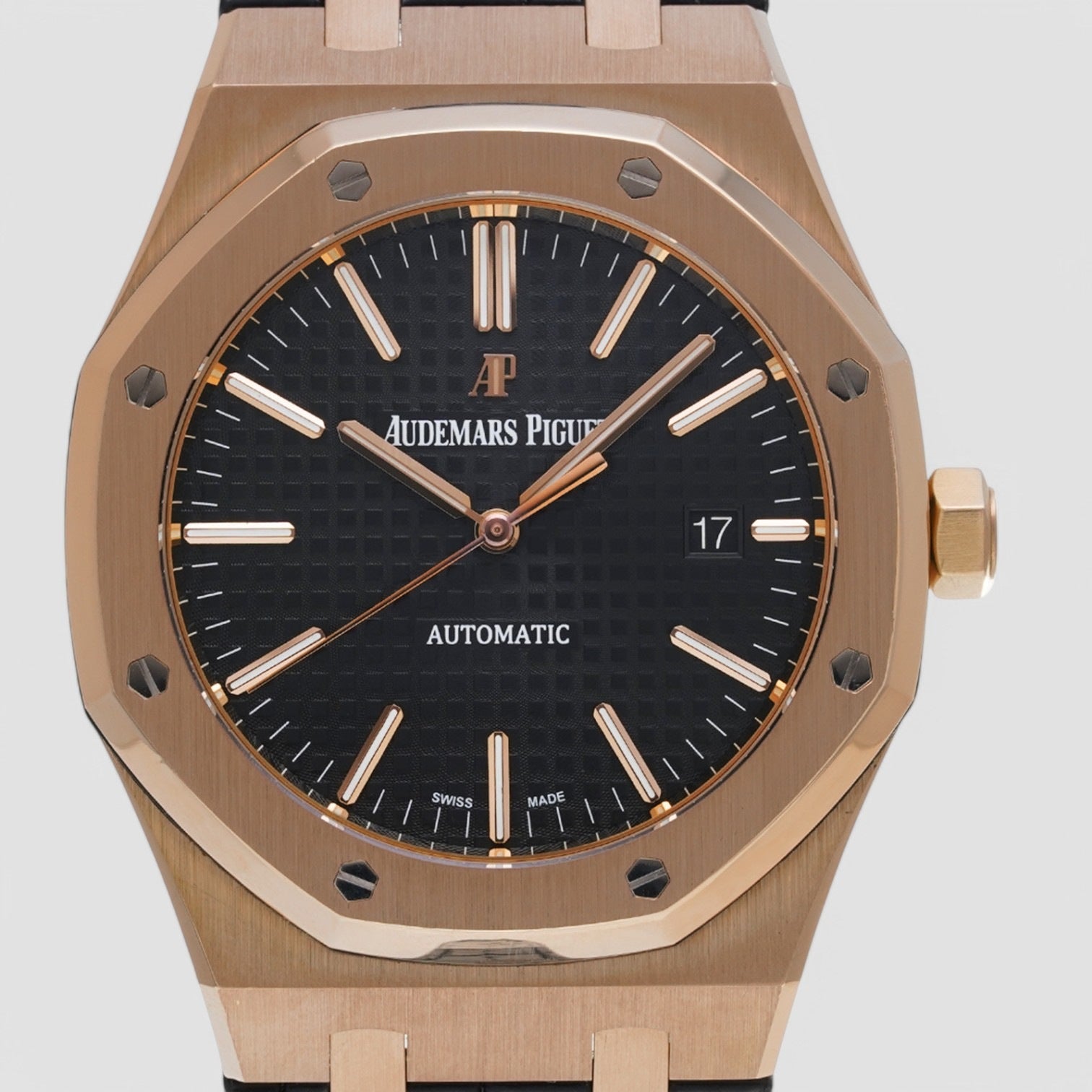 Royal Oak Black Dial 18K Rose Gold/Rubber Strap