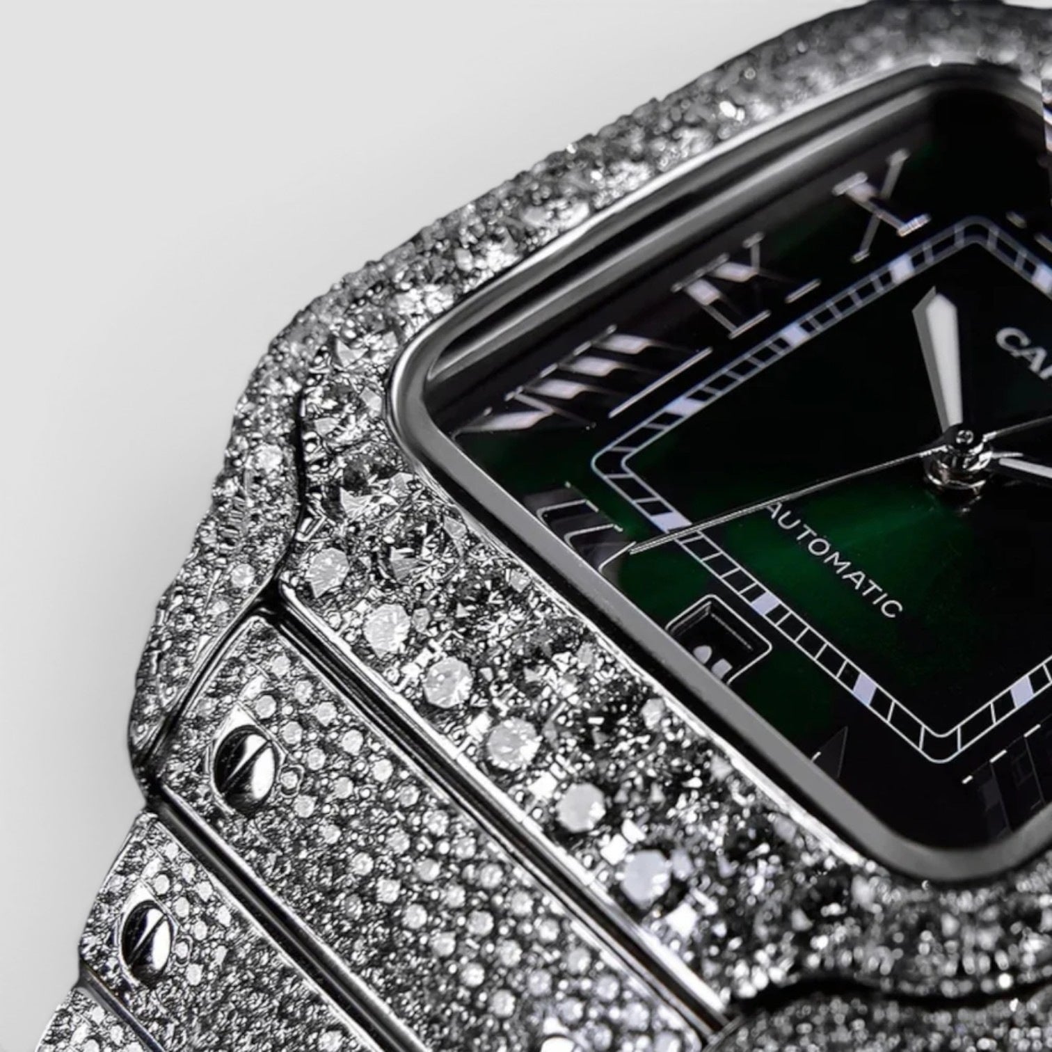 Santos Large – Steel – Custom Diamond-Set with Green Dial Iced Out