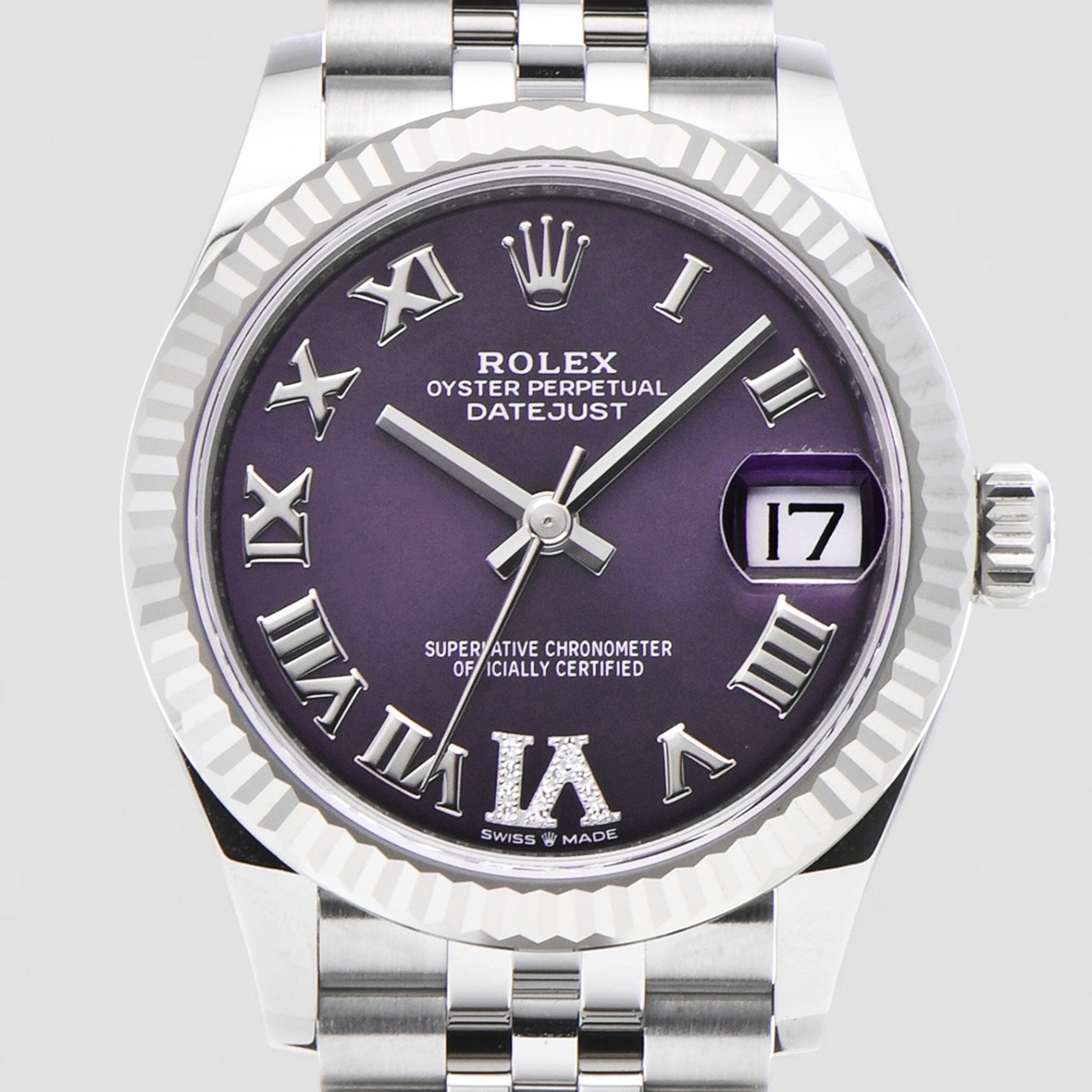 Datejust 31 Stainless Steel and White Gold Aubergine Roman Diamond Dial Women's Watch