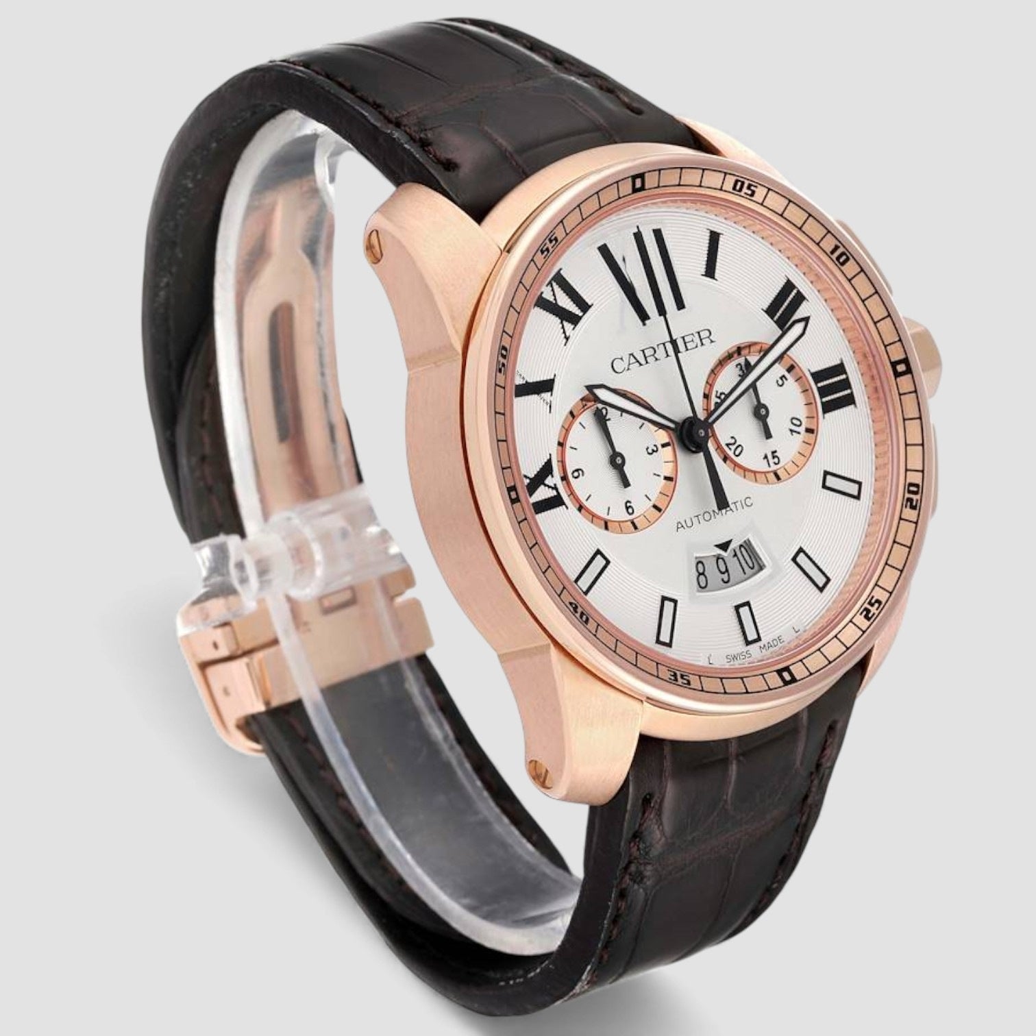 Calibre Silver Dial Rose Gold Chronograph Mens Watch